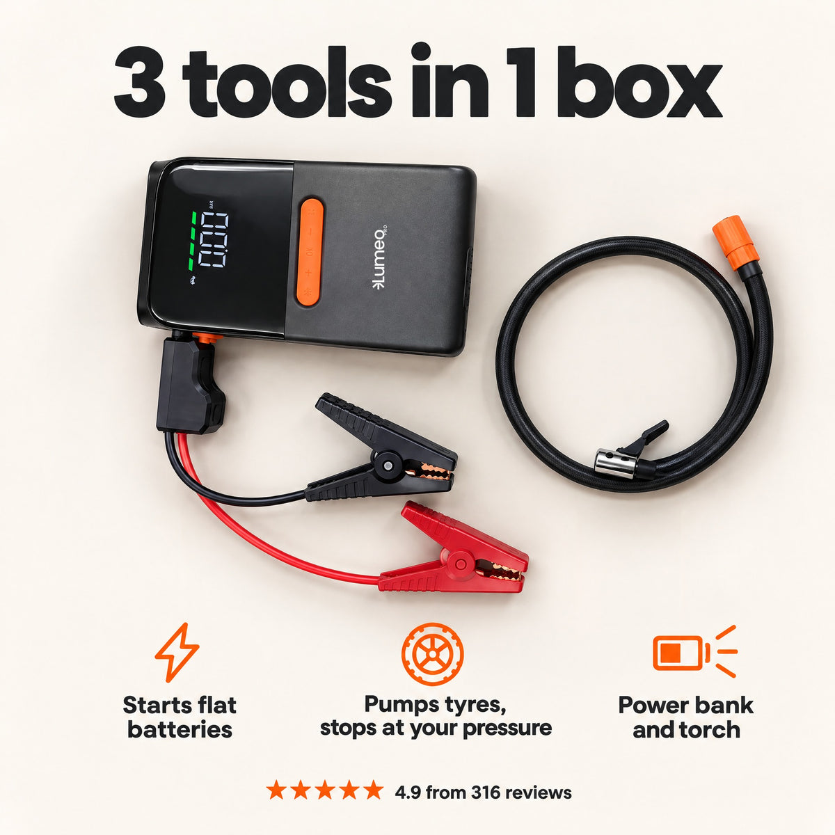 Lumeo Smart Pump Xtreme: jump starter, tyre pump, power bank and torch in one box