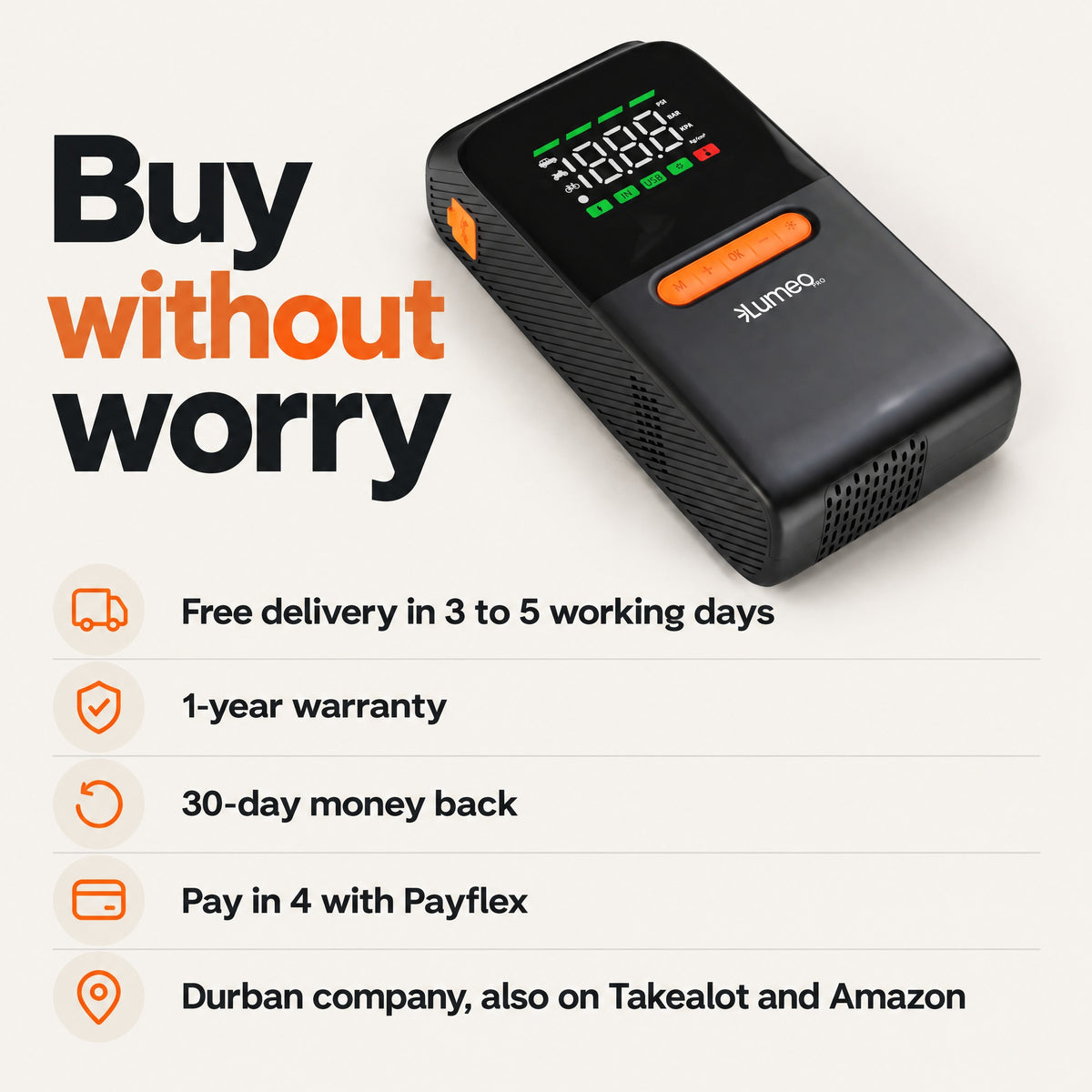 Free delivery in 3 to 5 working days, 1-year warranty, 30-day money back, pay with Payflex