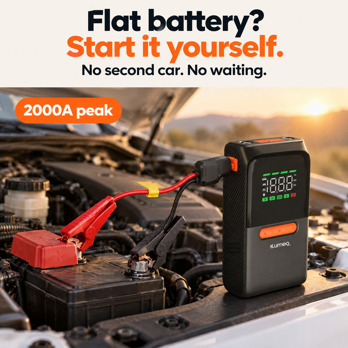 Lumeo Smart Pump Xtreme jump starting a flat bakkie battery, 2000A peak