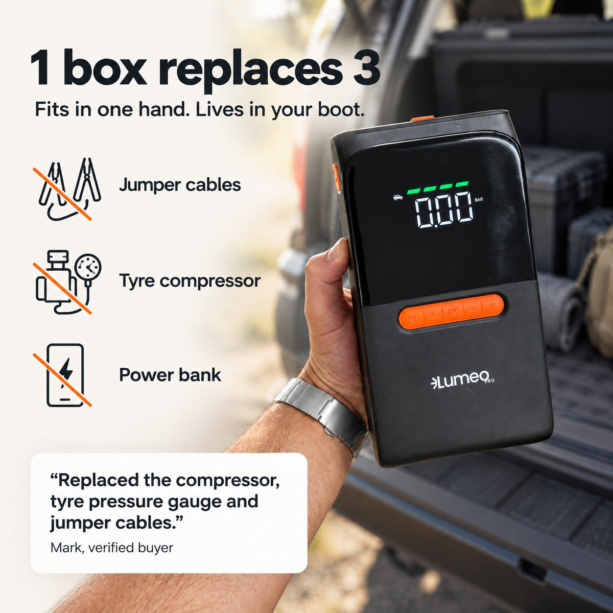 Lumeo Smart Pump Xtreme replaces jumper cables, a tyre compressor and a power bank