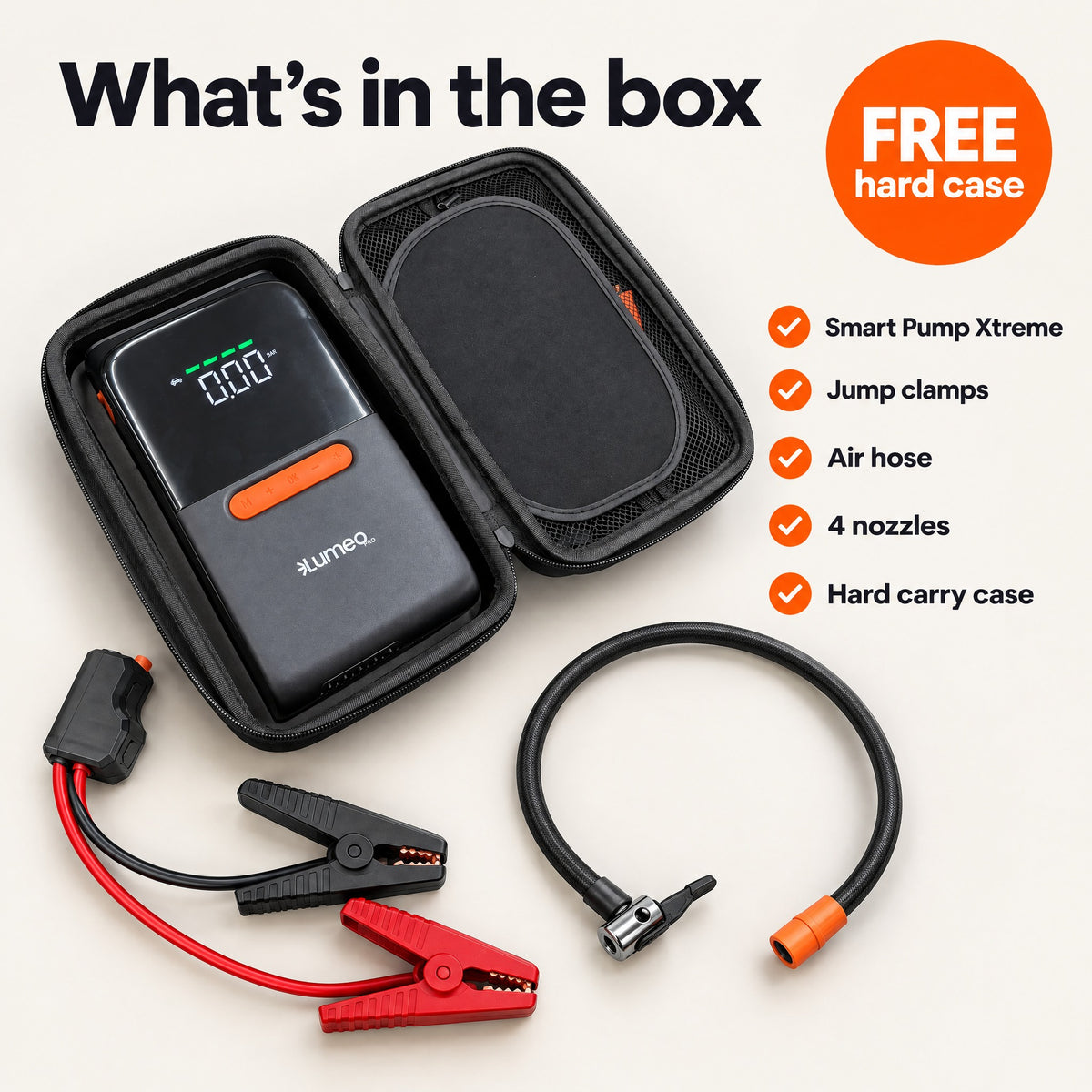What's in the box: Smart Pump Xtreme, jump clamps, air hose, 4 nozzles and a free hard carry case