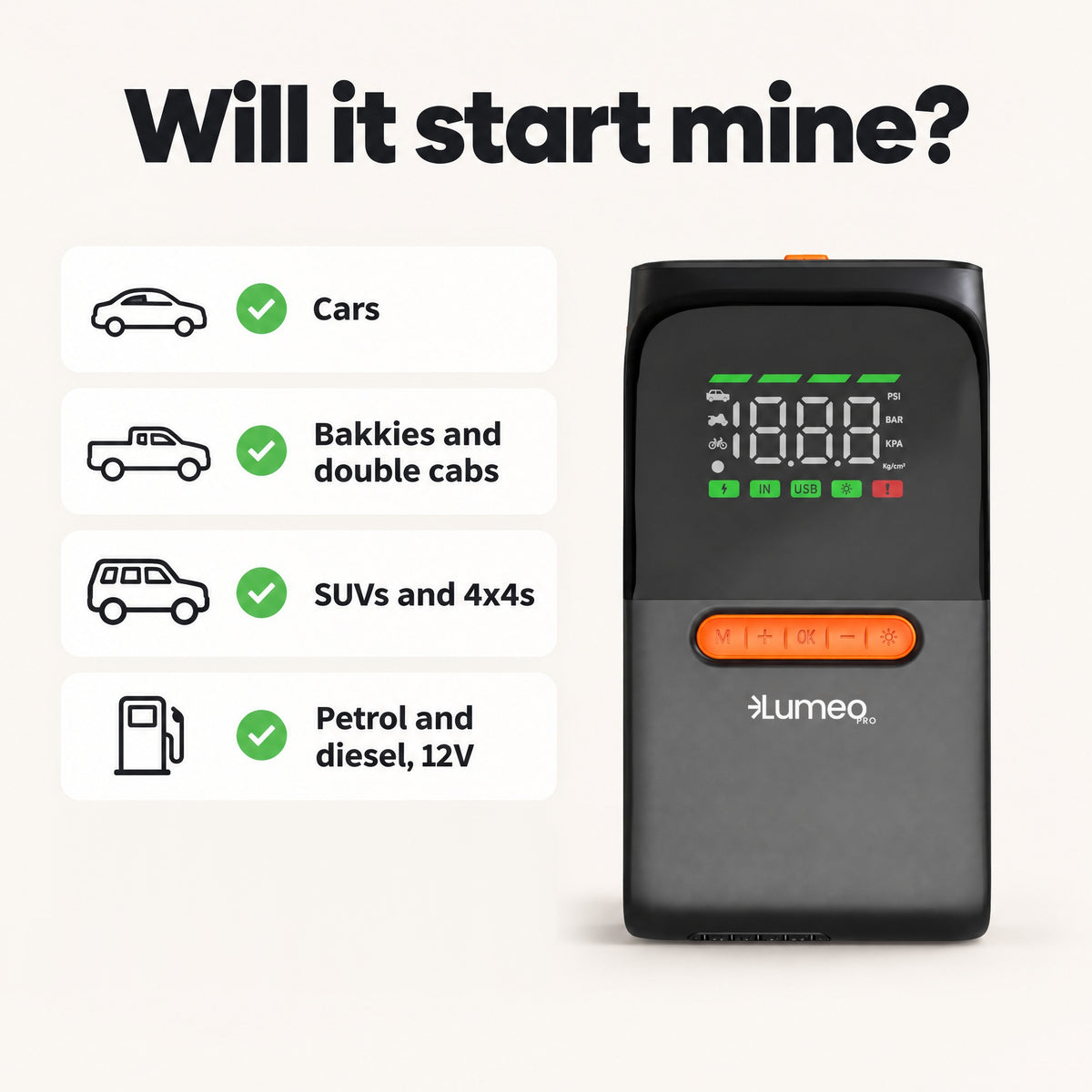 Lumeo Smart Pump Xtreme starts cars, bakkies, double cabs, SUVs and 4x4s, petrol and diesel 12V